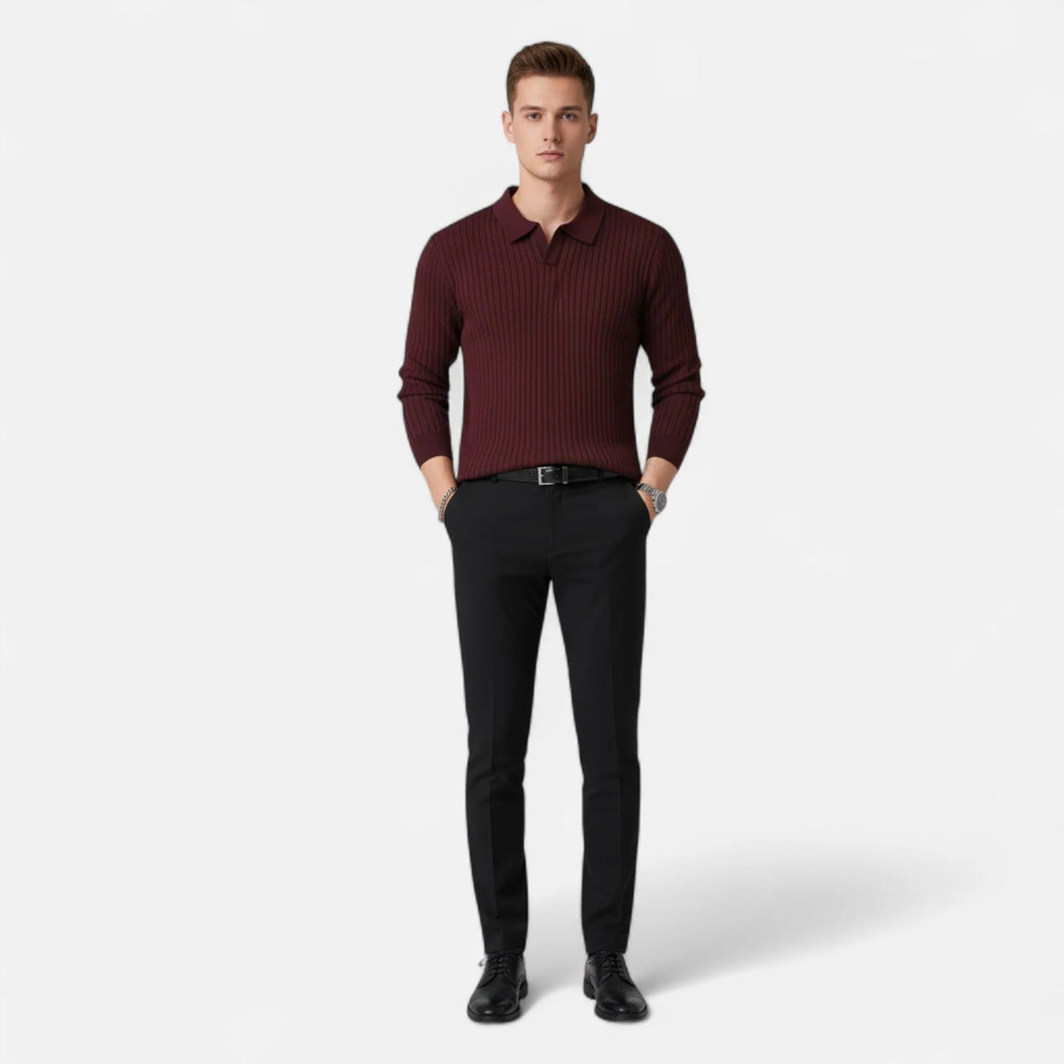 Herre Ribbet Langærmet Polo T-shirt – Raffineret Krave Top til Smart Casual Beklædning