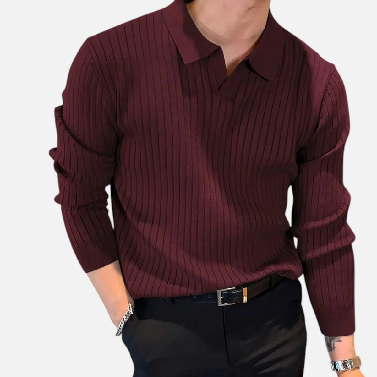 Herre Ribbet Langærmet Polo T-shirt – Raffineret Krave Top til Smart Casual Beklædning