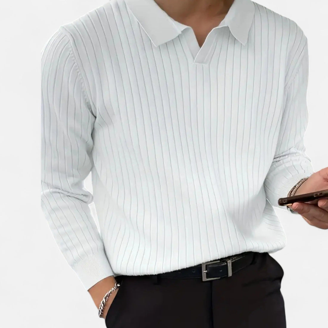 Herre Ribbet Langærmet Polo T-shirt – Raffineret Krave Top til Smart Casual Beklædning