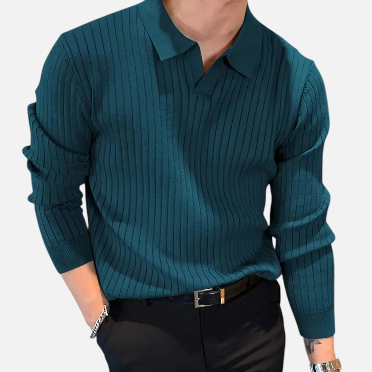 Herre Ribbet Langærmet Polo T-shirt – Fint Krave Top til Smart Casual Beklædning