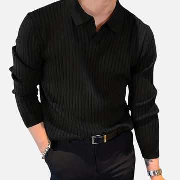 Herre Ribbet Langærmet Polo T-shirt – Raffineret Krave Top til Smart Casual Beklædning