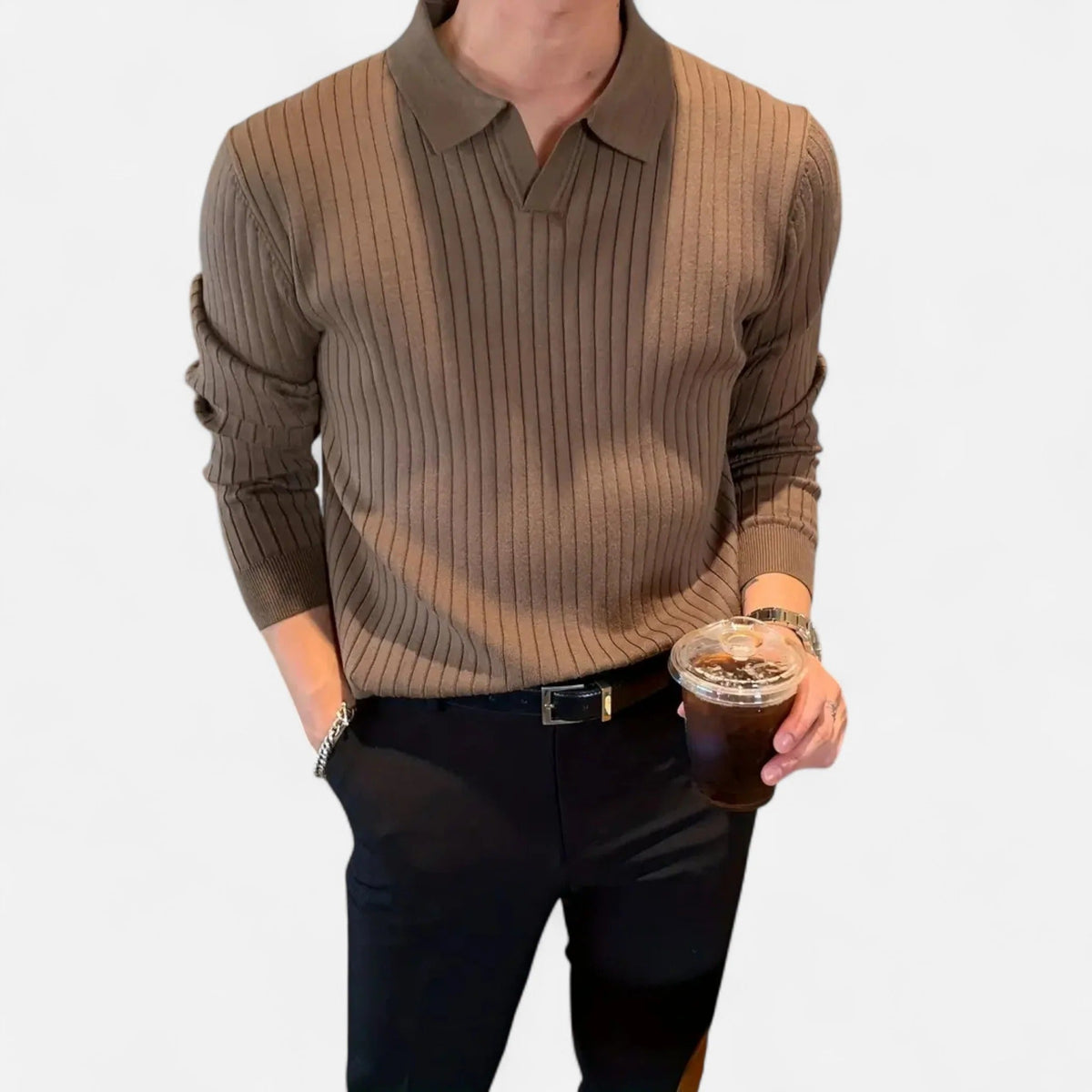 Herre Ribbet Langærmet Polo T-shirt – Fint Krave Top til Smart Casual Beklædning