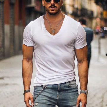 Herre Fitted V-Hals T-Shirt – Dyb Udsnit Sommer Essential til Bybrug