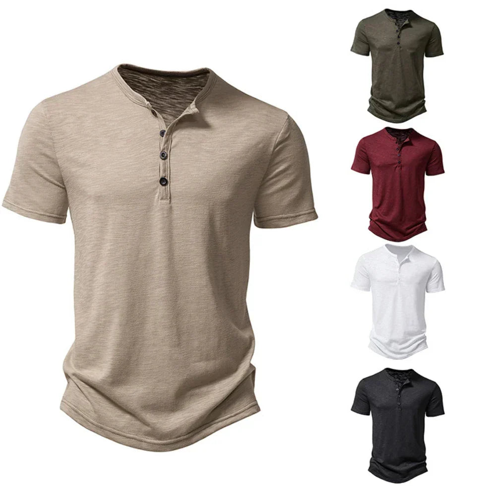Herre Henley Neck T-shirt med knapkrave, afslappet slim fit, komfortabel hverdagstopp