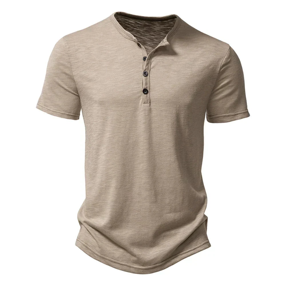 Herre Henley Neck T-shirt med knapkrave, afslappet slim fit, komfortabel hverdagstopp