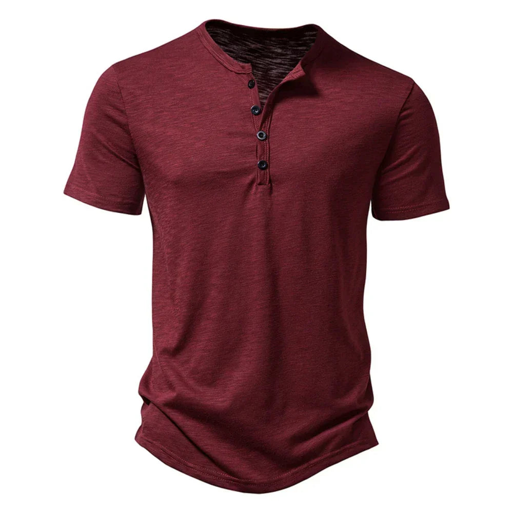 Herre Henley Neck T-shirt med knapkrave, afslappet slim fit, komfortabel hverdagstopp