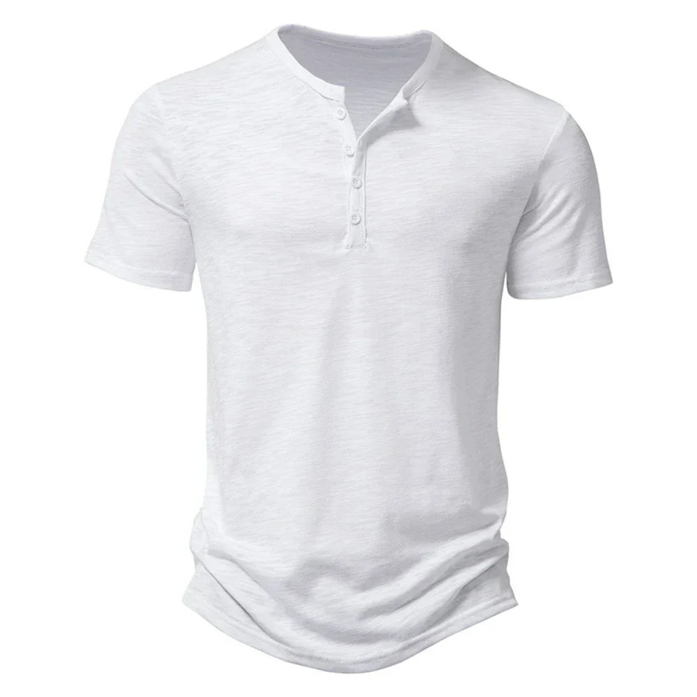 Herre Henley Neck T-Shirt med Knapkrave Casual Slim Fit Behagelig Hverdag Kortærmet Top