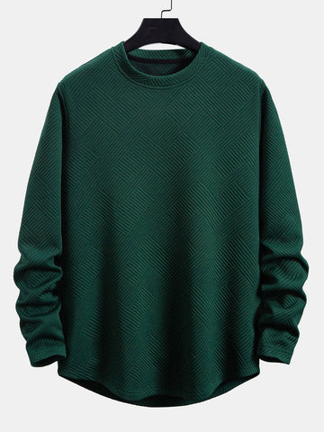 Herre Stretch Jacquard Langærmet T-Shirt – Tekstureret Crew Neck Casual Lag