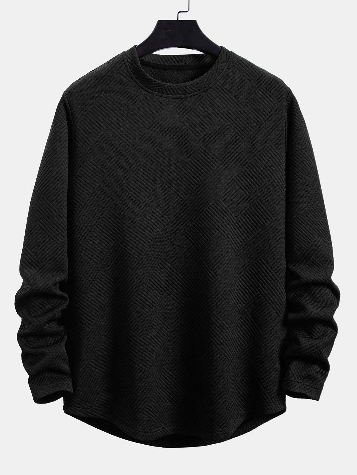 Herre Stretch Jacquard Langærmet T-Shirt – Tekstureret Crew Neck Casual Lag