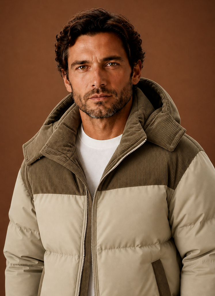 Herre Hooded Vinter Puffer Jakke med Corduroy Krave | Areleon