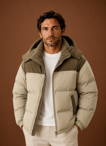 Herre Hooded Vinter Puffer Jakke med Corduroy Krave | Areleon