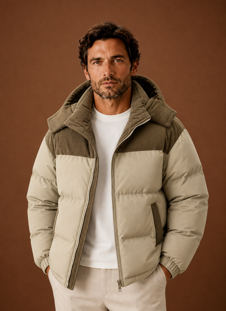Herre Hooded Vinter Puffer Jakke med Corduroy Krave | Areleon