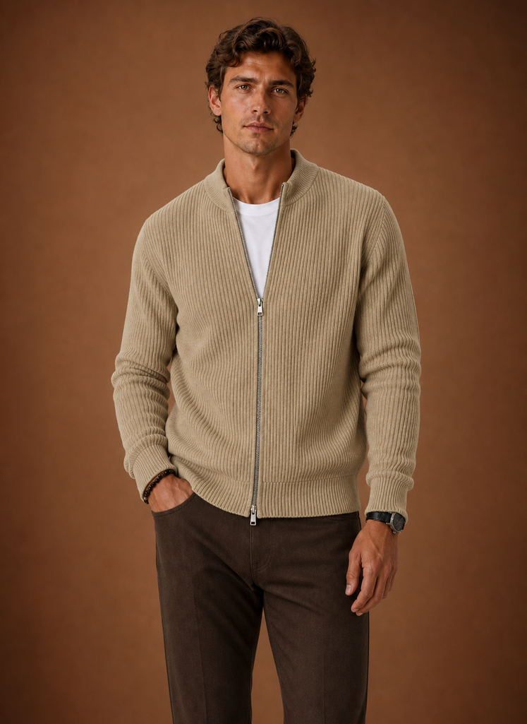 Herre Full Zip Strik Cardigan Sweater Ribbet Zip-Up Jakke | Areleon