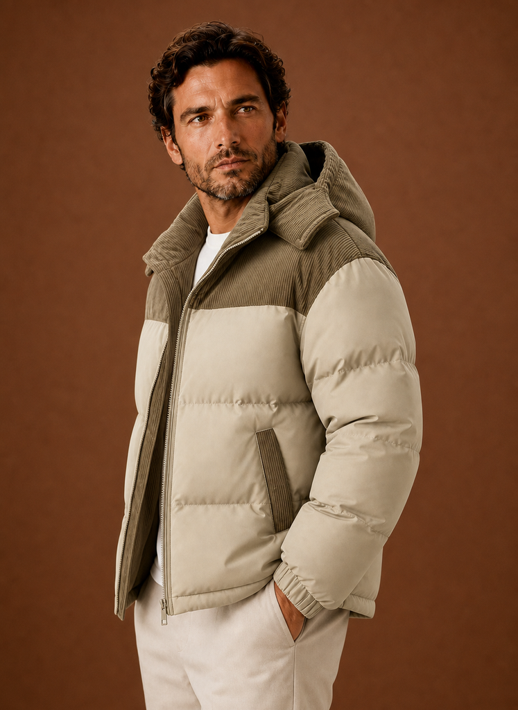 Herre Hooded Vinter Puffer Jakke med Corduroy Krave | Areleon