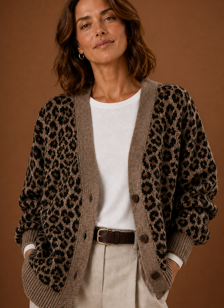 Kvinders Strikket Cardigan - Leopard Langærmet Sweater | Areleon