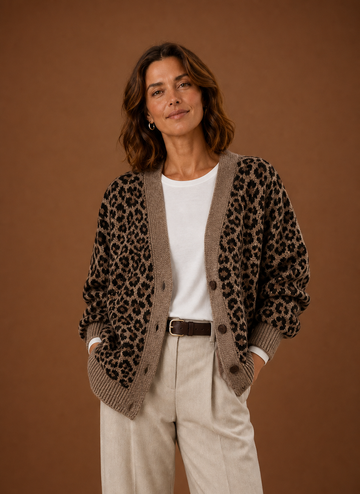 Kvinders Strikket Cardigan - Leopard Langærmet Sweater | Areleon