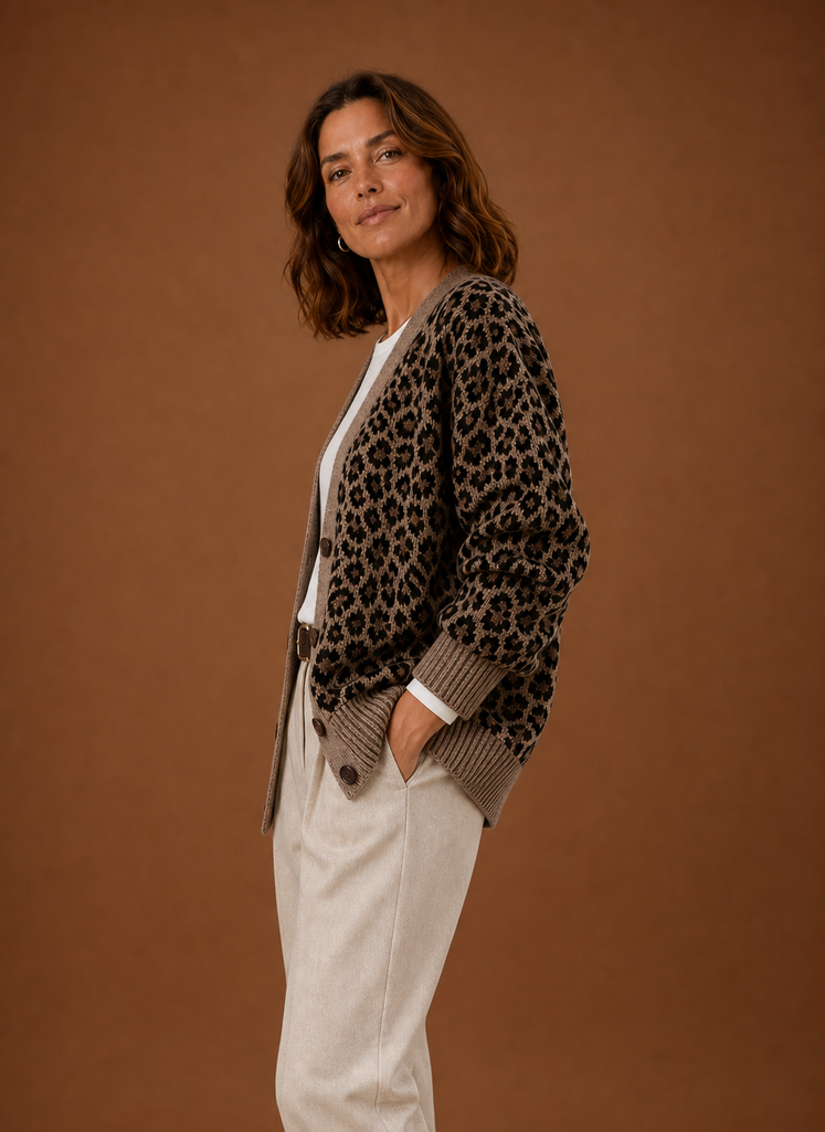 Kvinders Strikket Cardigan - Leopard Langærmet Sweater | Areleon