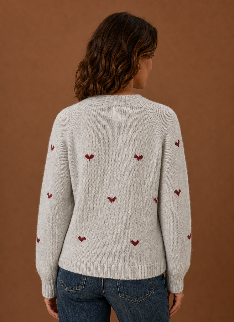 Kvinders Crew Neck Pullover - Hjerteprint Langærmet Sweater | Areleon