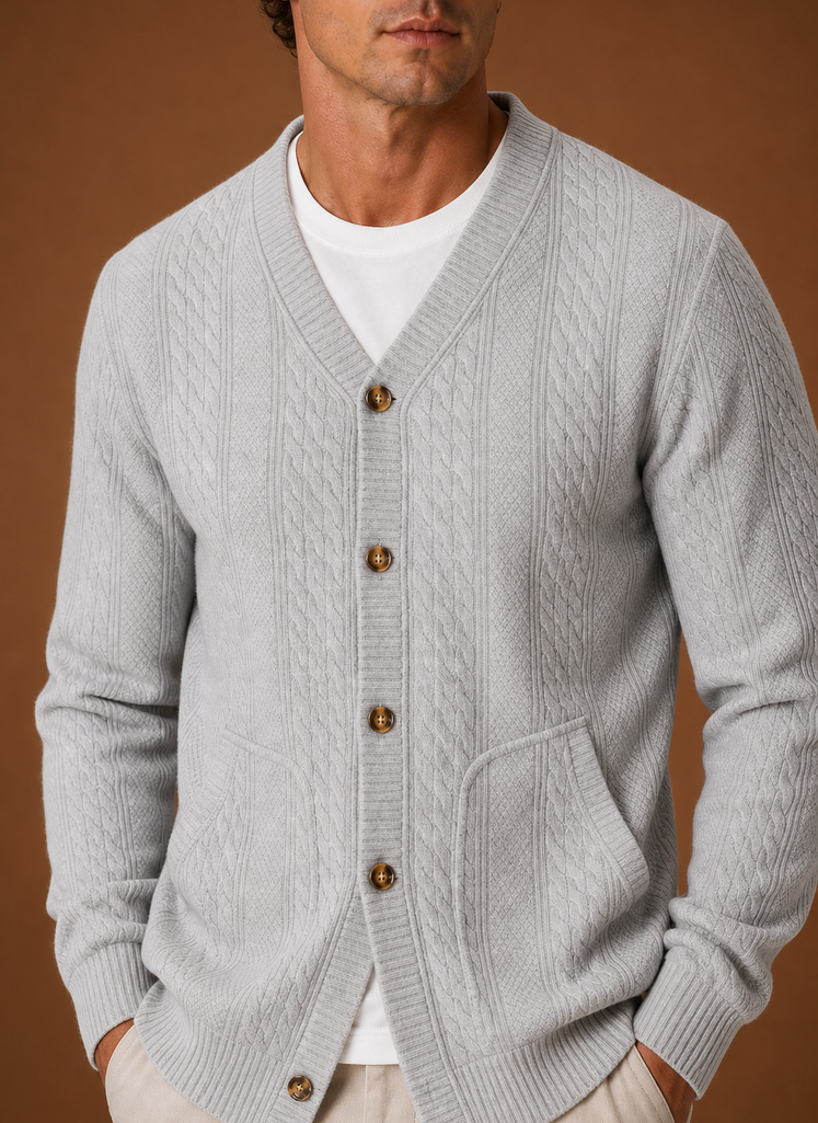 Herre Kabelstrikket Cardigan - V-Hals Knap Front Sweater | Areleon