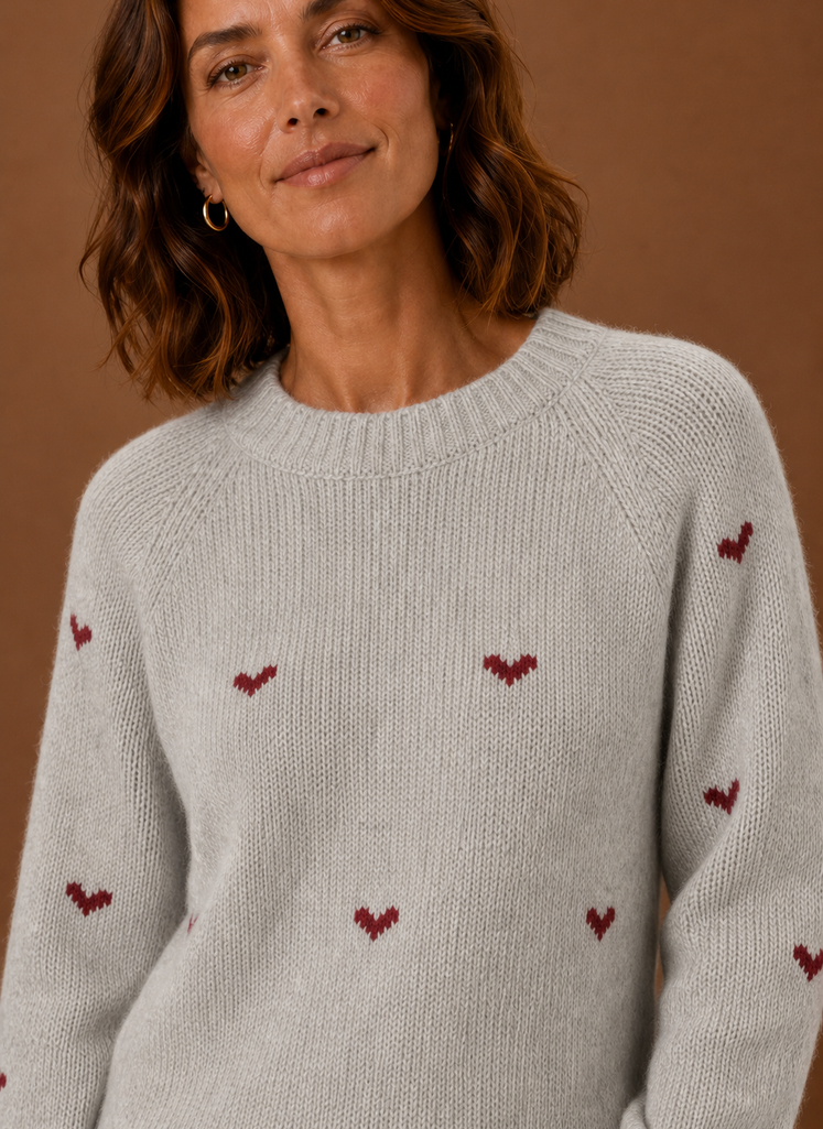 Kvinders Crew Neck Pullover - Hjerteprint Langærmet Sweater | Areleon