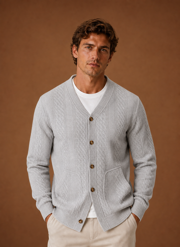 Herre Kabelstrikket Cardigan - V-Hals Knap Front Sweater | Areleon