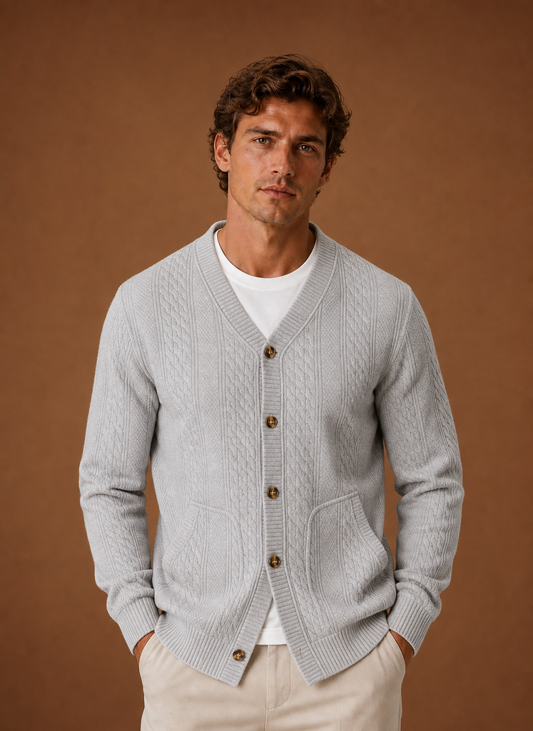Herre Kabelstrikket Cardigan - V-Hals Knap Front Sweater | Areleon