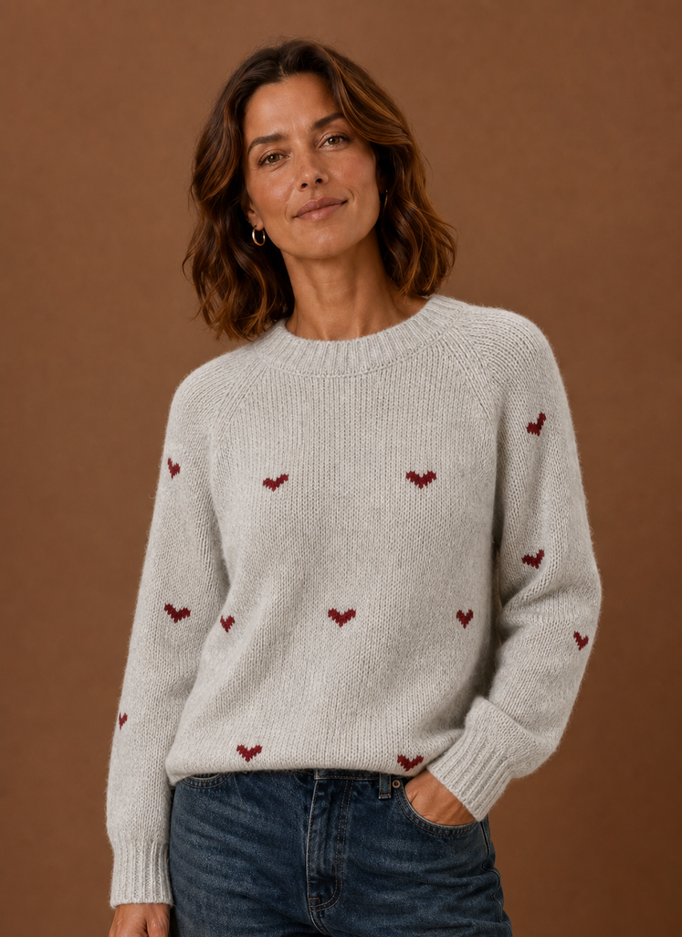 Kvinders Crew Neck Pullover - Hjerteprint Langærmet Sweater | Areleon