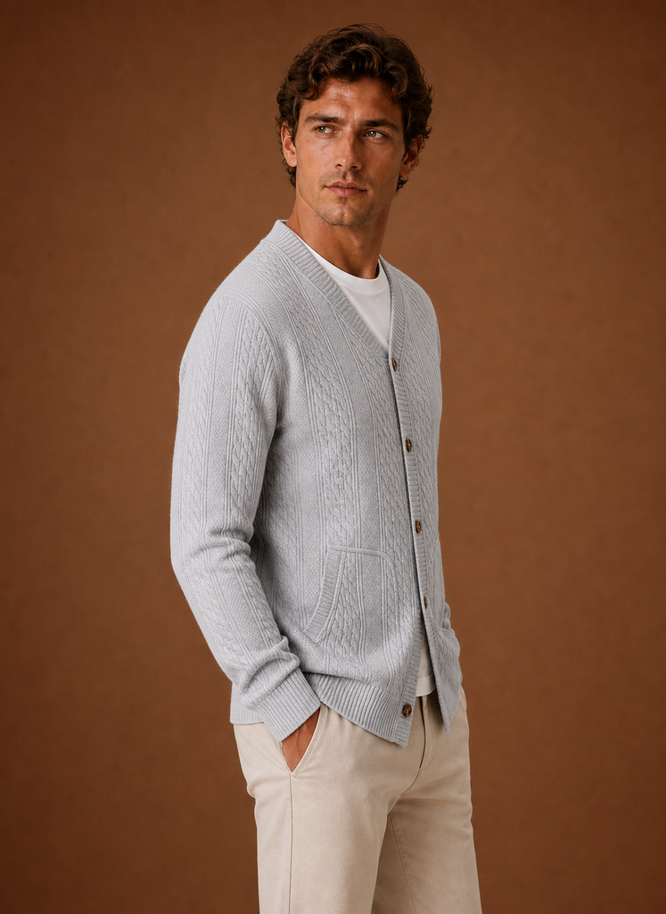 Herre Kabelstrikket Cardigan - V-Hals Knap Front Sweater | Areleon