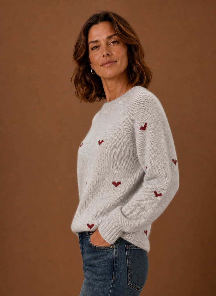 Kvinders Crew Neck Pullover - Hjerteprint Langærmet Sweater | Areleon