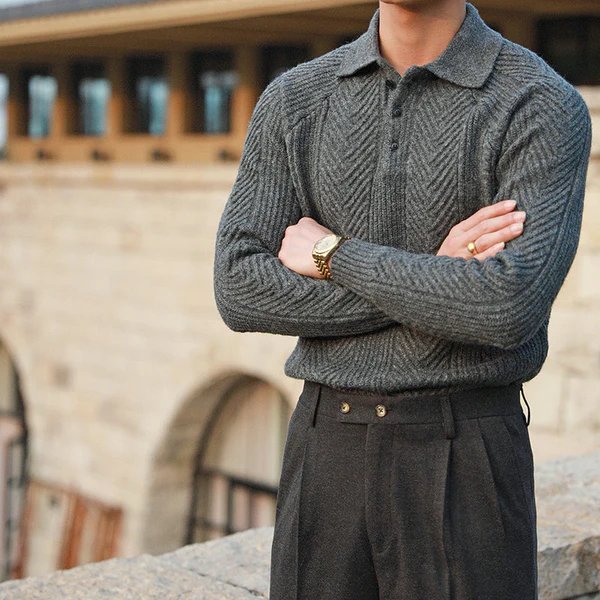 Herre Strikket Sweater Med Krave – Varm, Komfortabel, Stilfuld, Teksturert, Smart Casual, Hverdags Fit