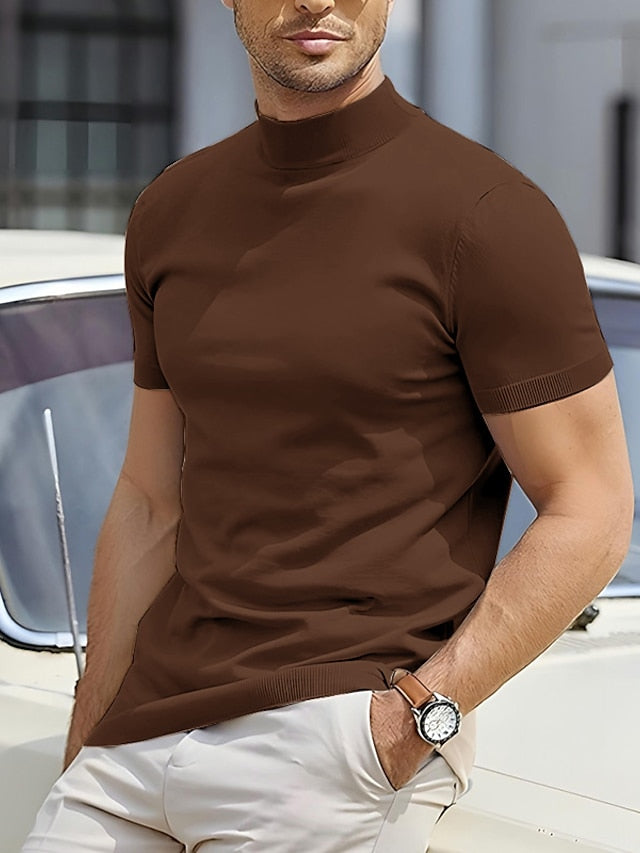 Herreslimfit kortærmet mock neck casual skjorte