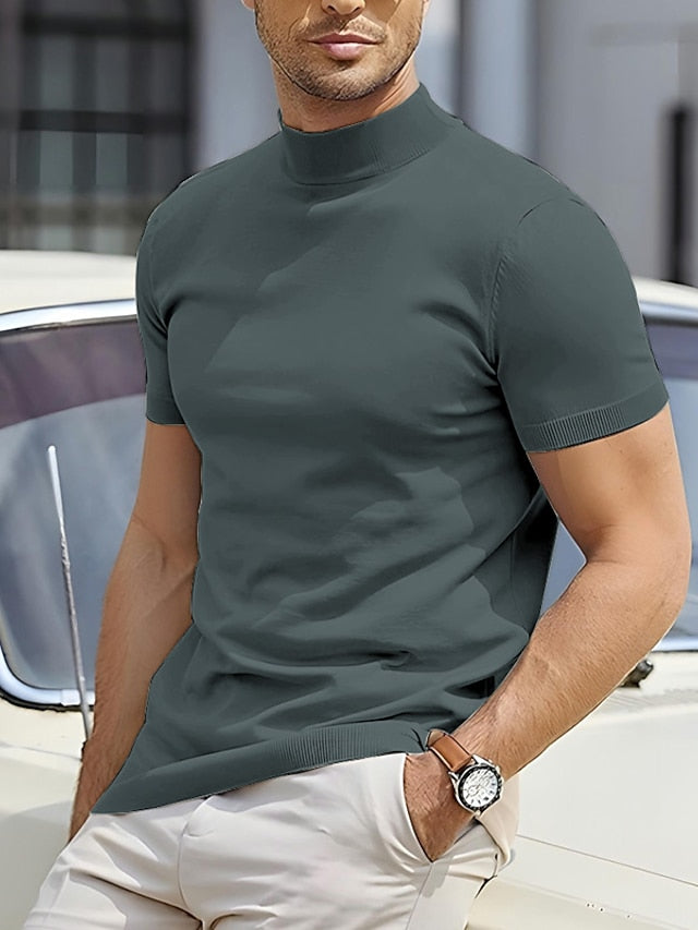 Herreslim-fit kortærmet mock neck casual skjorte