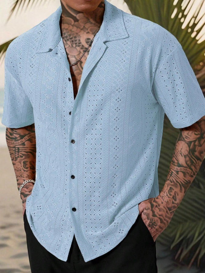 Herre Openwork Resort Skjorte – Kortærmet Button-Up til Strandferier og Sommeraftener