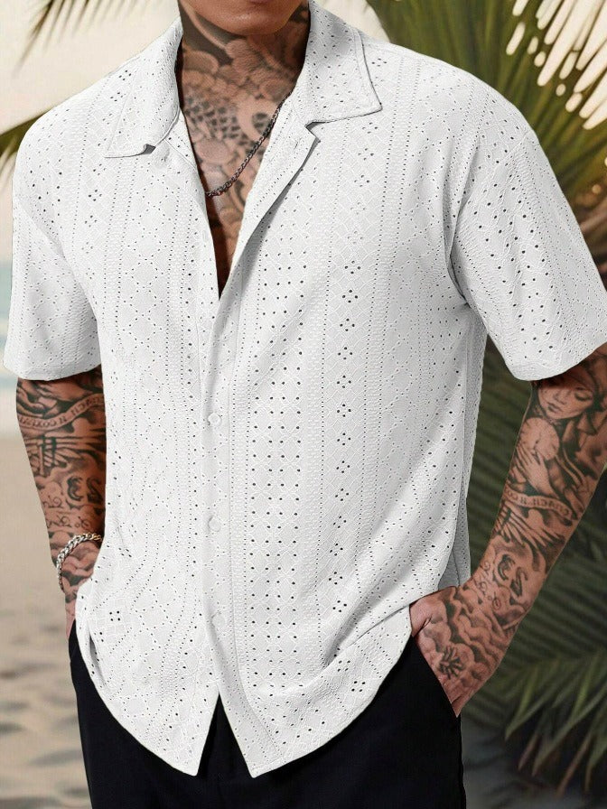 Herre Openwork Resort Skjorte – Kortærmet Button-Up til Strandferier og Sommeraftener
