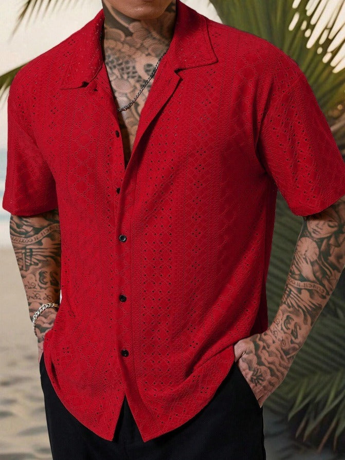 Herre Openwork Resort Skjorte – Kortærmet Button-Up til Strandferier og Sommeraftener