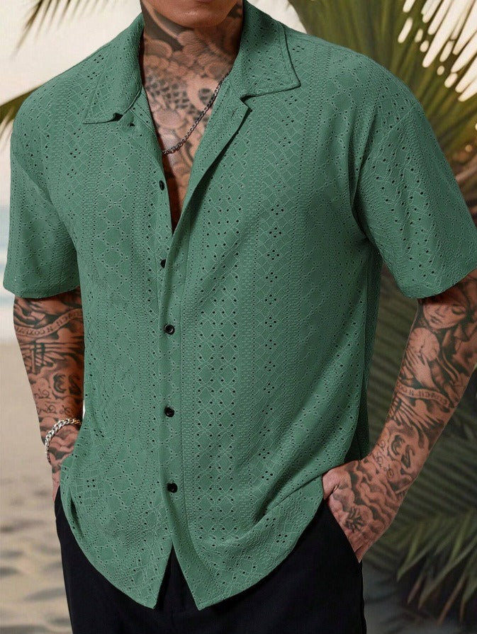 Herre Openwork Resort Skjorte – Kortærmet Button-Up til Strandferier og Sommeraftener