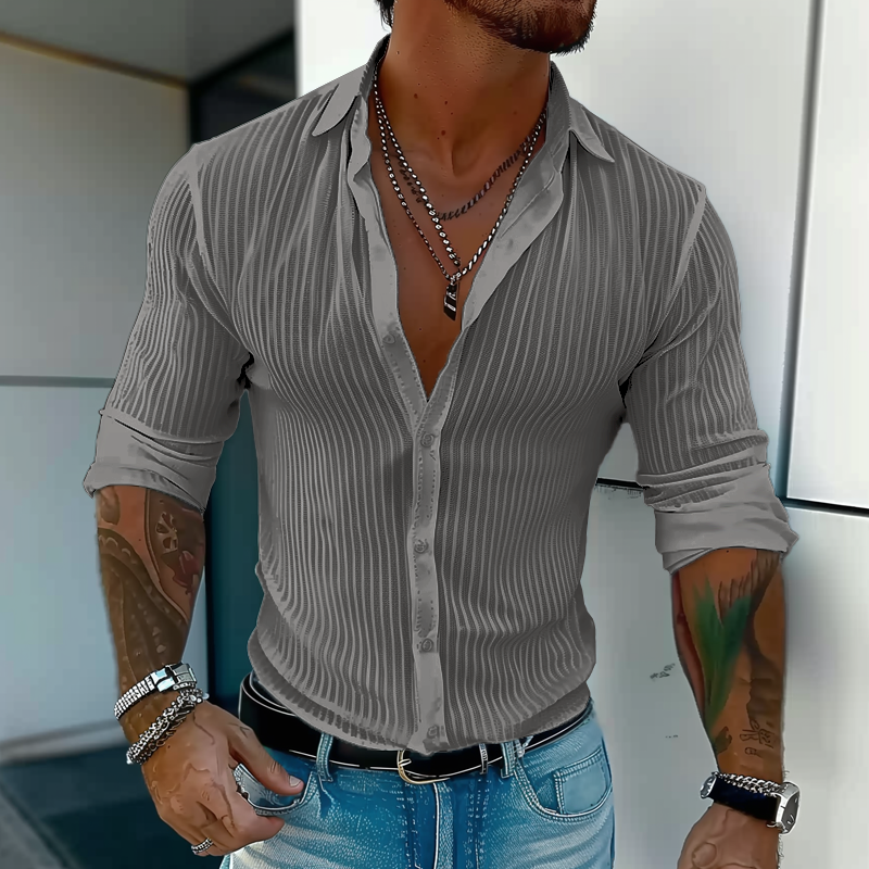 Herre Letvægts Sommer Skjorte med Ribbet Struktur – Slim Fit Button-Up til Dates og Bybrug