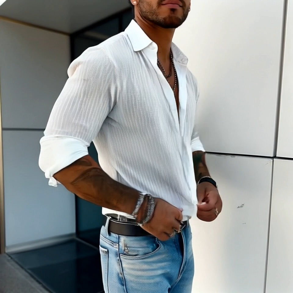 Herre Letvægts Sommer Skjorte med Ribbet Struktur – Slim Fit Button-Up til Dates og Bybrug