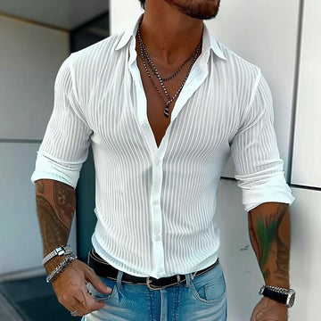 Herre Letvægts Sommer Skjorte med Ribbet Struktur – Slim Fit Button-Up til Dates og Bybrug