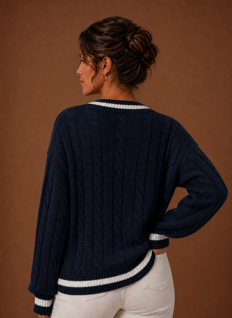 Kvinders Kabelstrikket Sweater - V-Hals Langærmet Pullover | Areleon