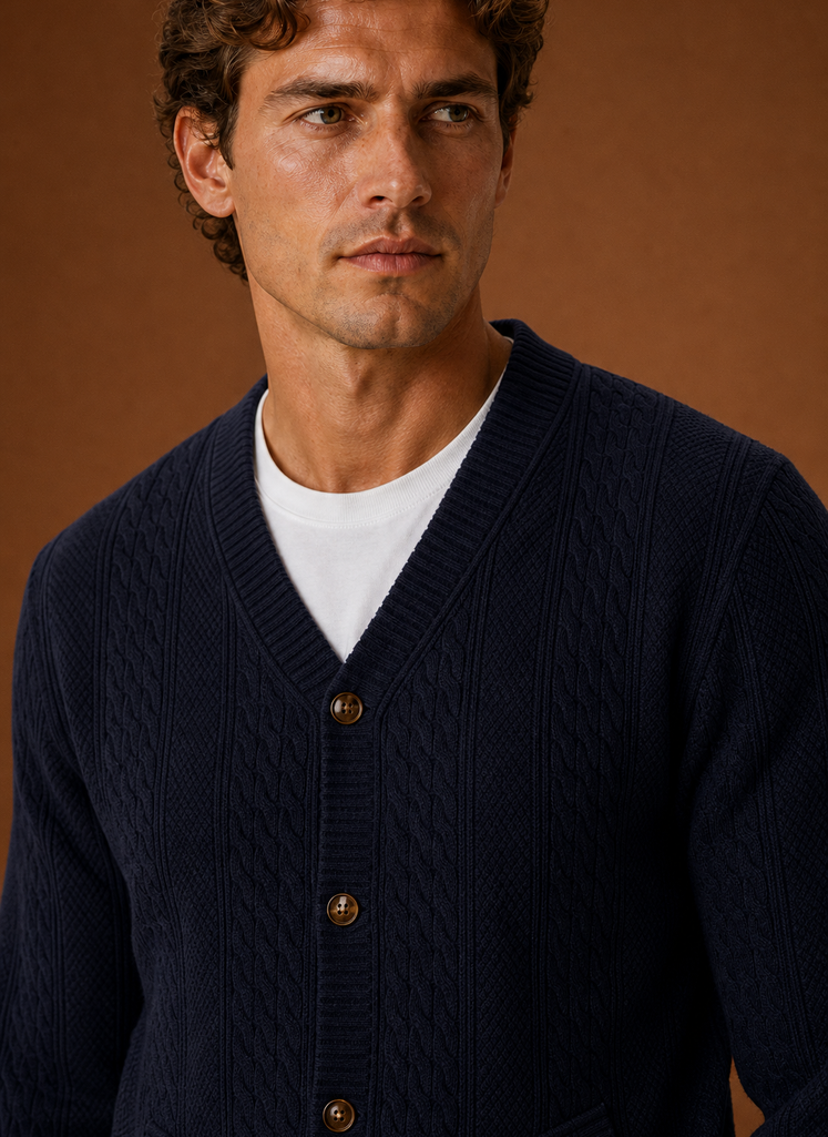 Herre Kabelstrikket Cardigan - V-Hals Knap Front Sweater | Areleon