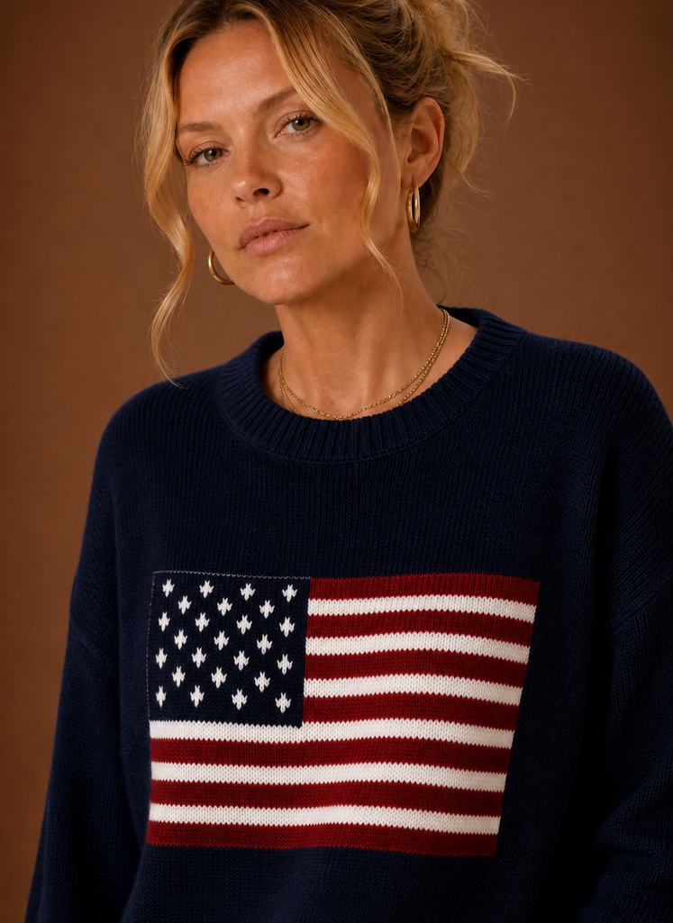 Kvinders Crew Neck Pullover - Amerikansk Flag Strik Sweater | Areleon