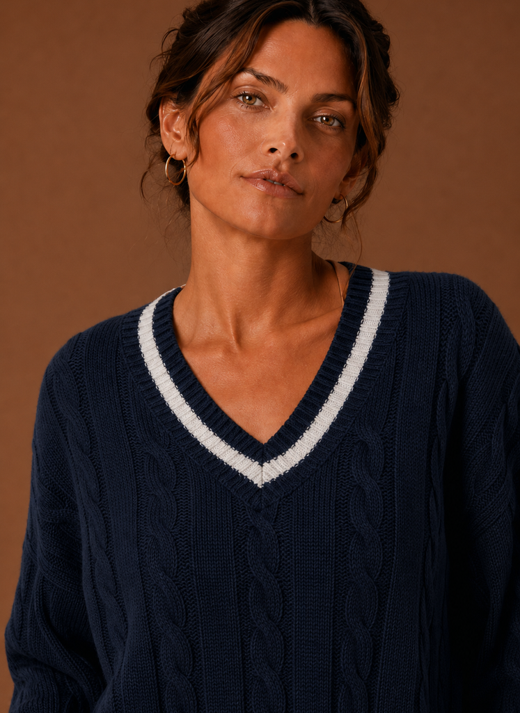 Kvinders Kabelstrikket Sweater - V-Hals Langærmet Pullover | Areleon
