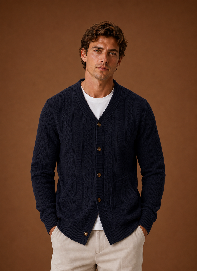 Herre Kabelstrikket Cardigan - V-Hals Knap Front Sweater | Areleon