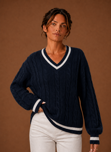 Kvinders Kabelstrikket Sweater - V-Hals Langærmet Pullover | Areleon