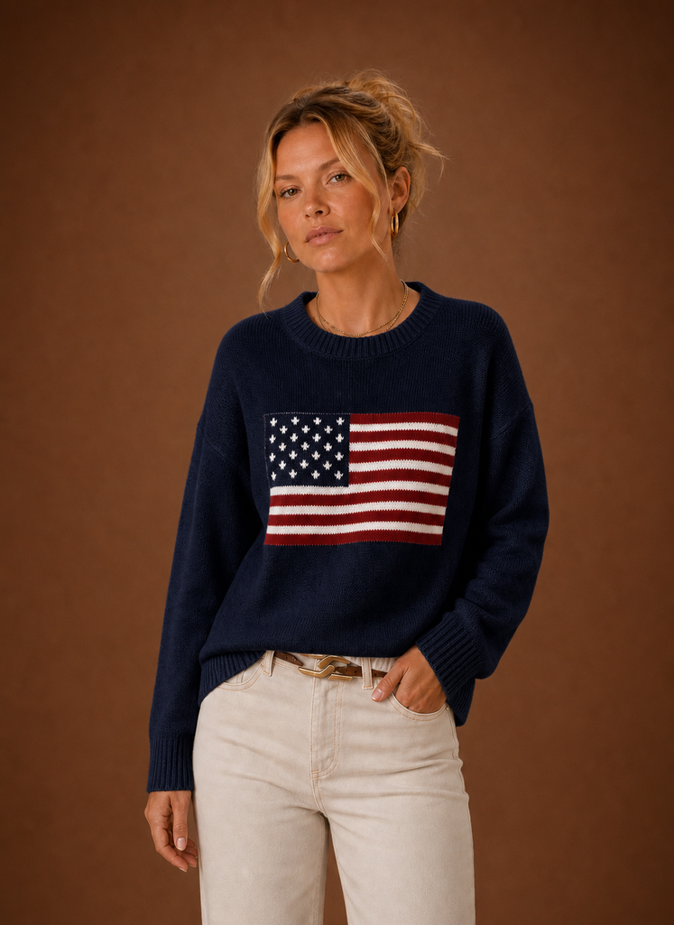 Kvinders Crew Neck Pullover - Amerikansk Flag Strik Sweater | Areleon