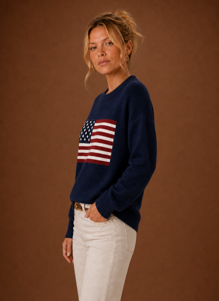 Kvinders Crew Neck Pullover - Amerikansk Flag Strik Sweater | Areleon