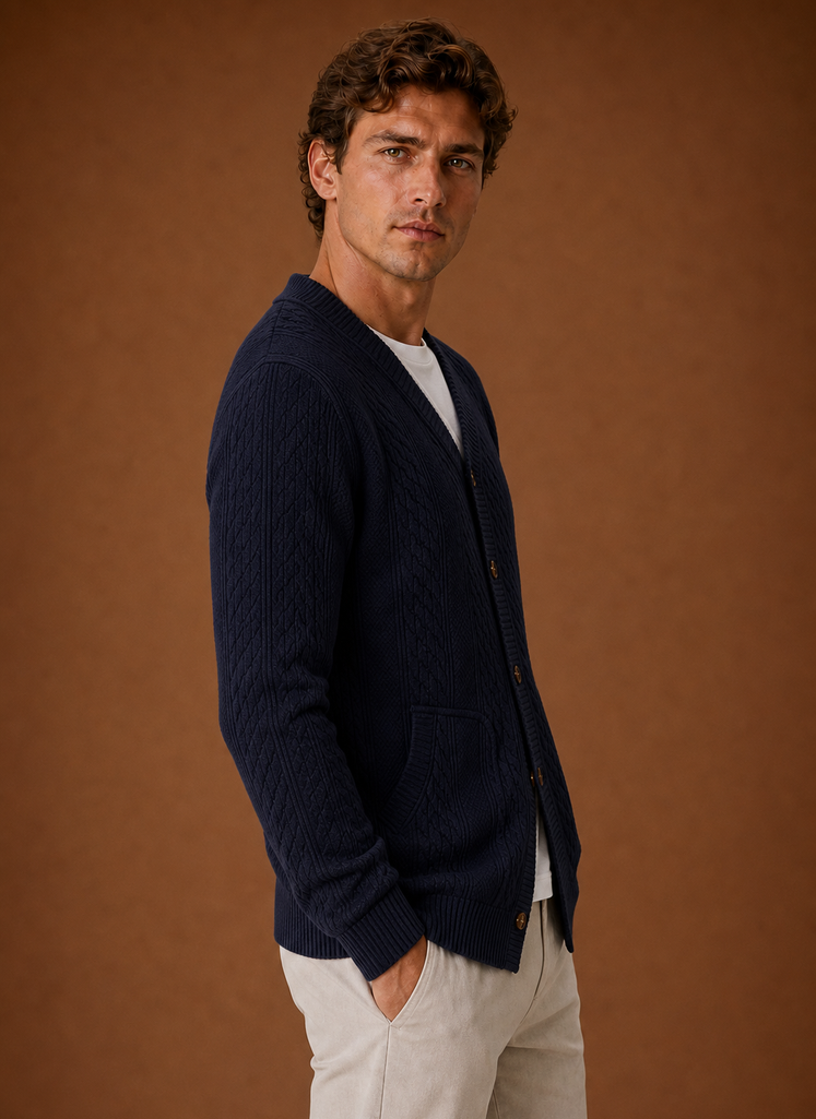 Herre Kabelstrikket Cardigan - V-Hals Knap Front Sweater | Areleon