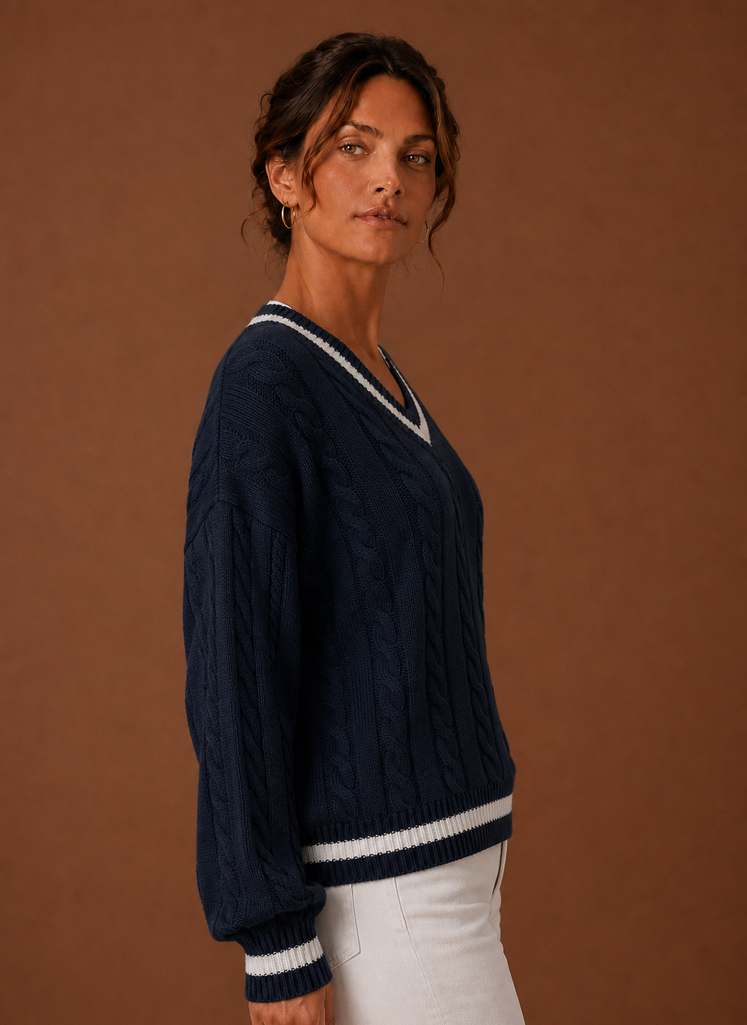Kvinders Kabelstrikket Sweater - V-Hals Langærmet Pullover | Areleon