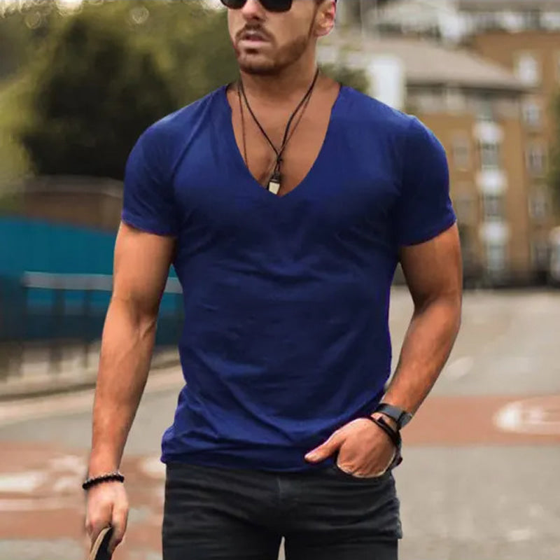 Herre Fitted V-Hals T-Shirt – Dyb Udsnit Sommer Essential til Bybrug